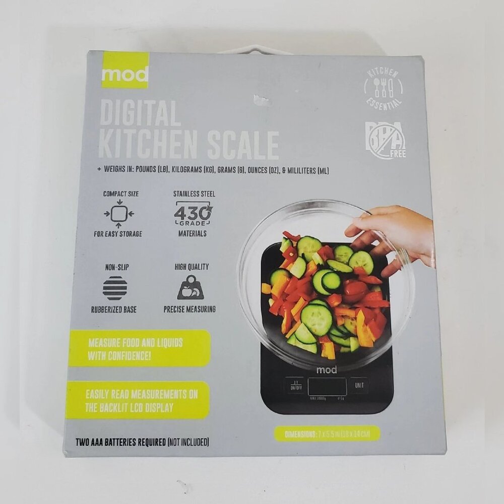 MOD DIGITAL KITCHEN SCALE WEIGHS IN: LB, KG ,G , OZ & ML PRECISE MEASURING BLACK